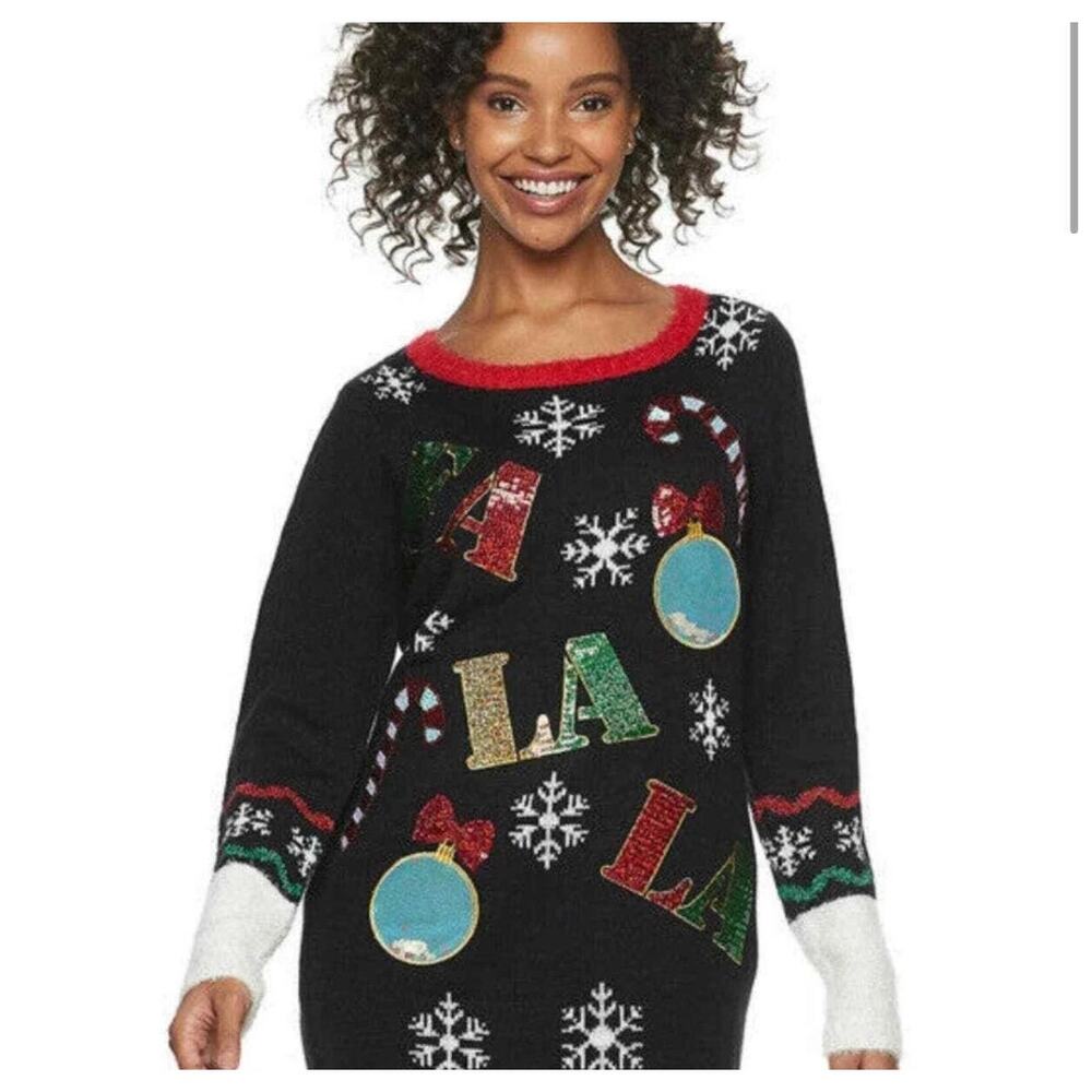 United States Sweaters Sequin Holiday Sweater Dress Size L Black Christmas Tunic
